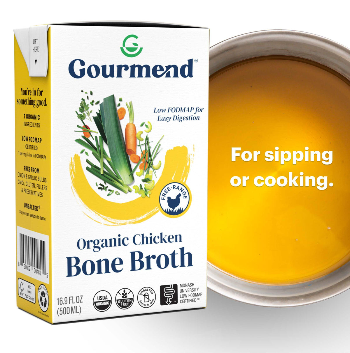 Gourmend Organic Unsalted Chicken Bone Broth 6-pack packshot for easy stocking