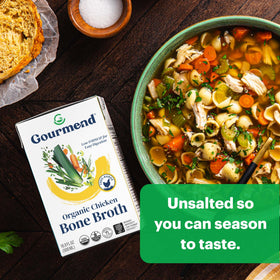 Gourmend Organic Unsalted Chicken Bone Broth serving bowl ready to sip or cook