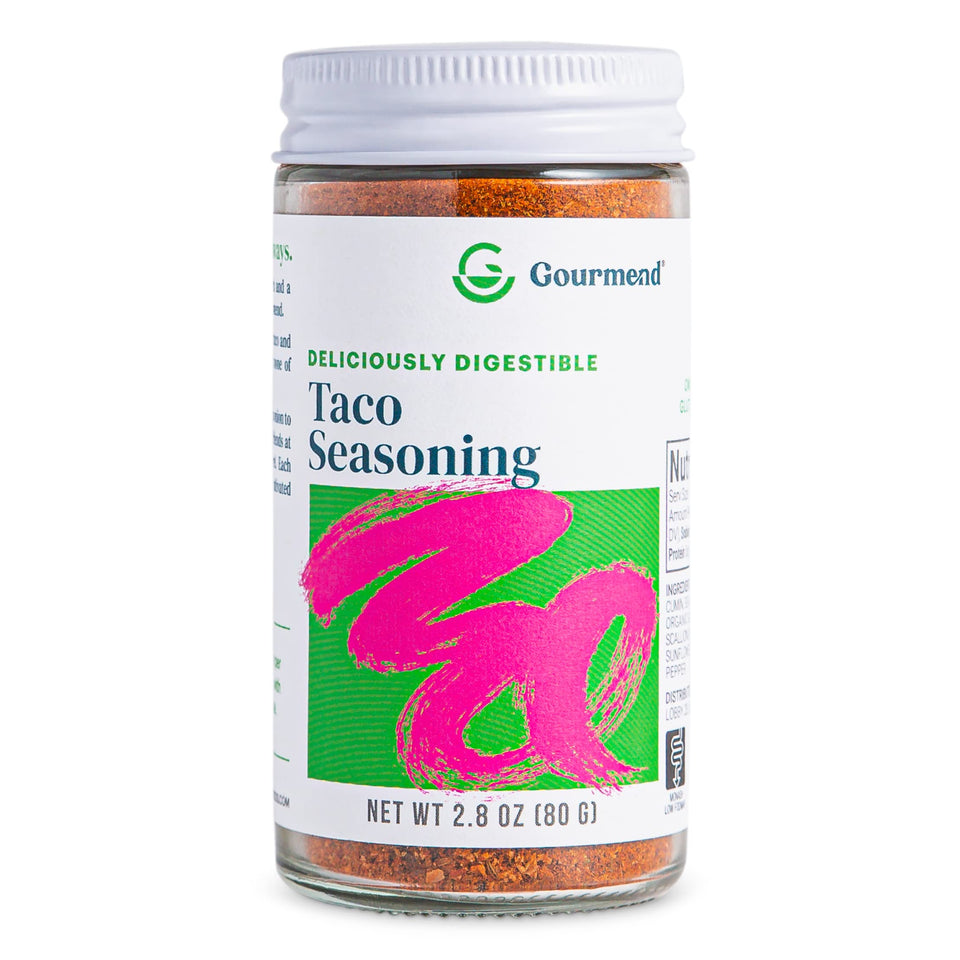 Gourmend taco seasoning bottle with gluten-free, low FODMAP blend.