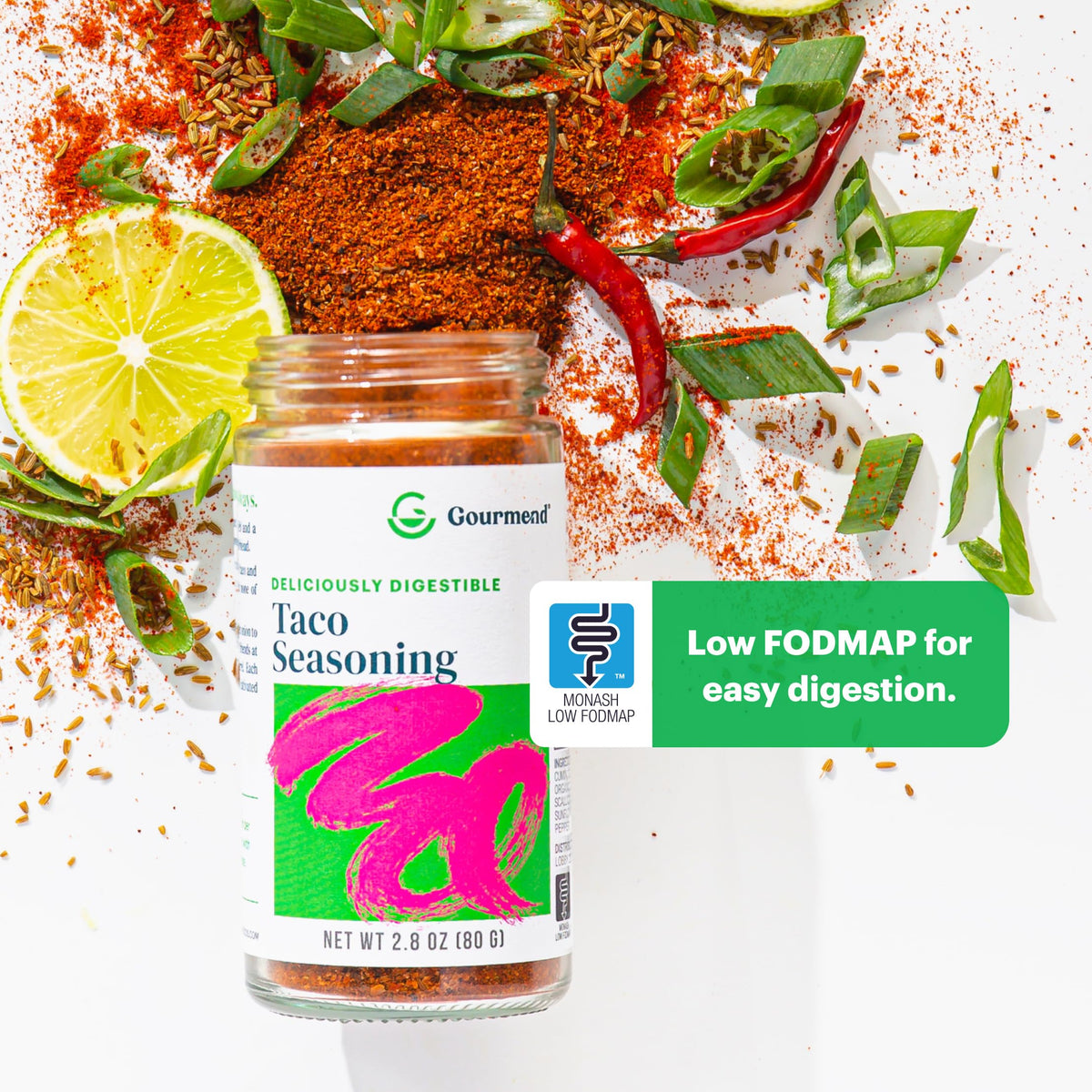 Gourmend taco seasoning close-up shows vibrant single-origin spices.
