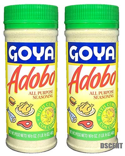 Goya Adobo All-Purpose Seasoning with Cumin bottle adds flavor to poultry, seafood, and vegetables.