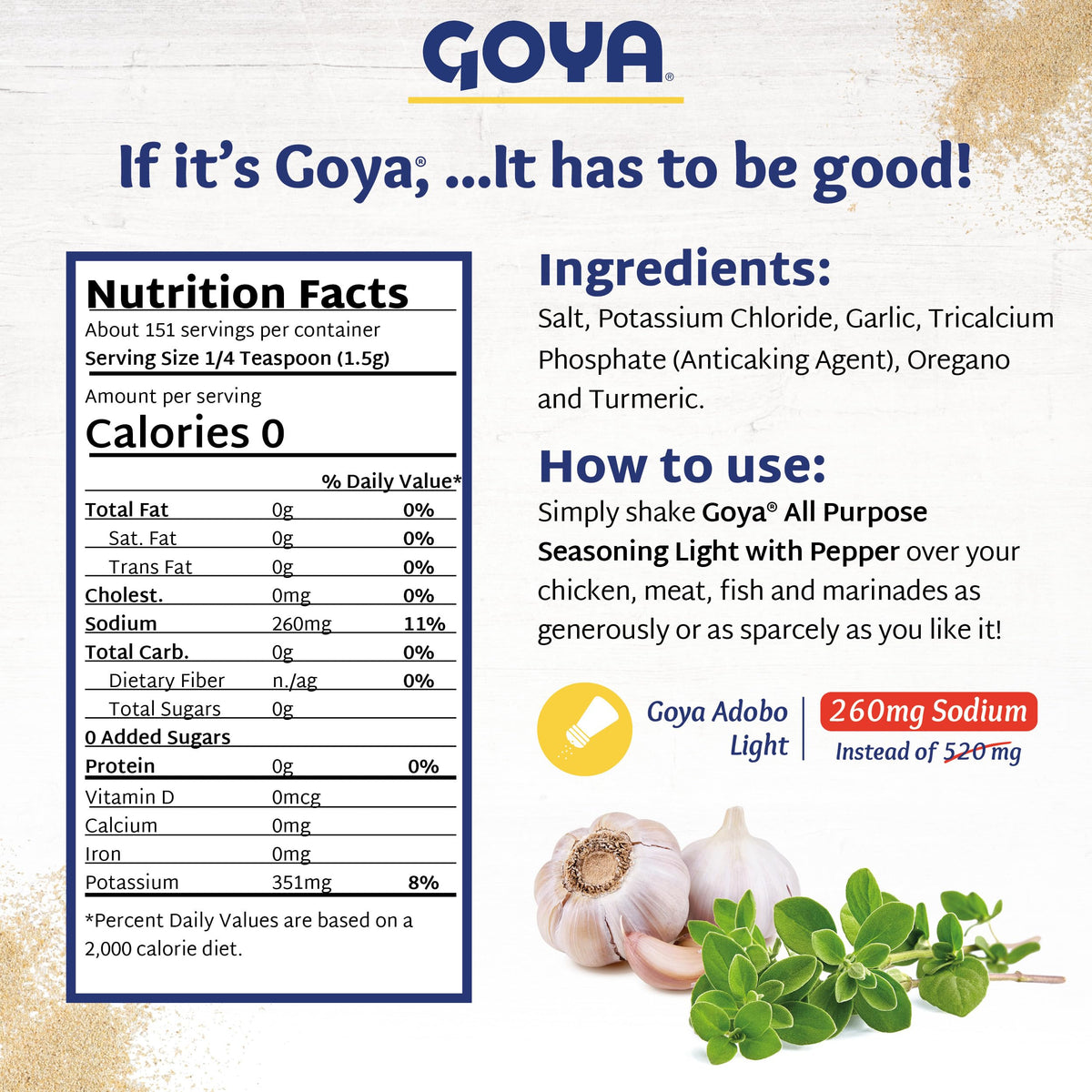 Goya Adobo Light with Pepper ingredients close-up showcasing garlic and spices.