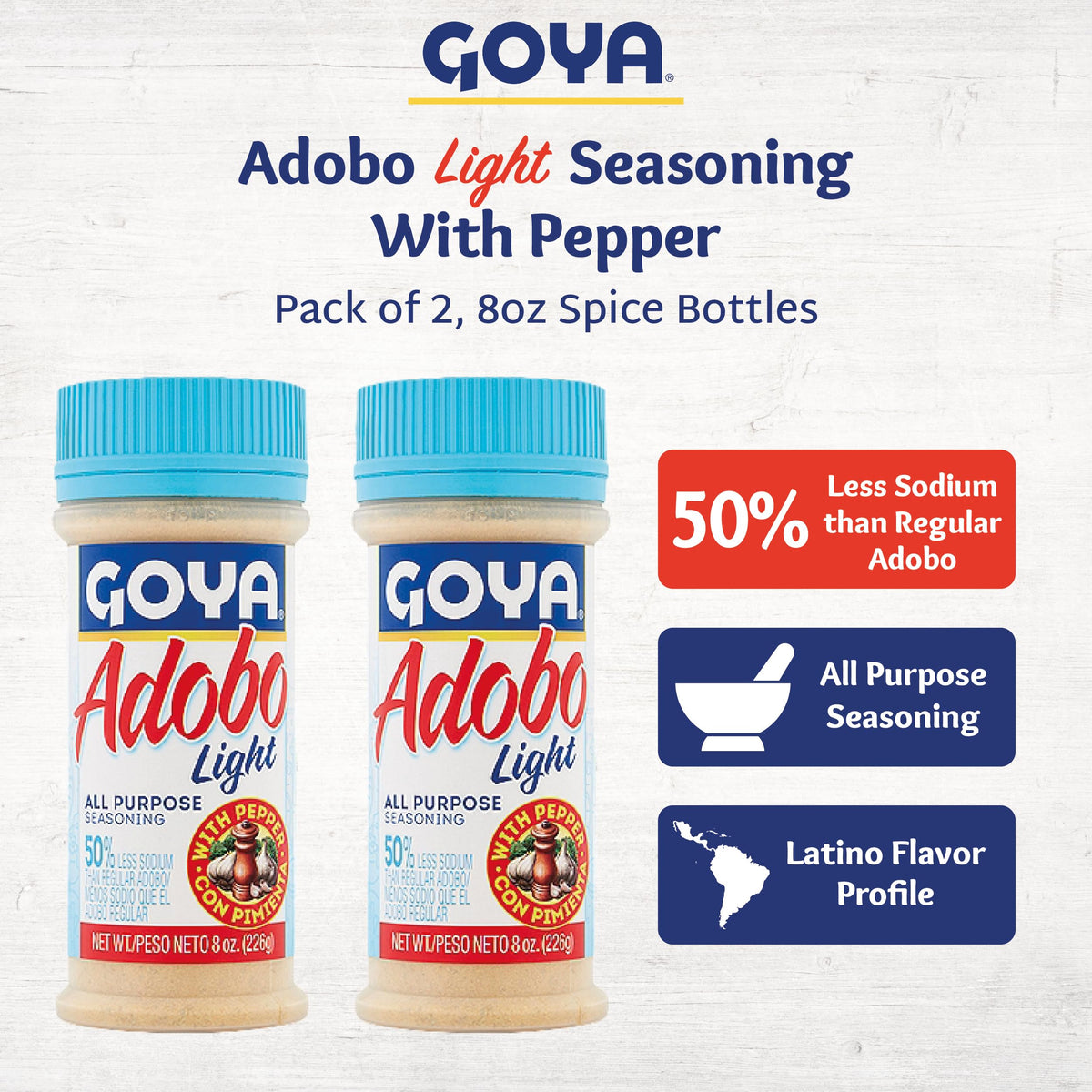Goya Adobo Light with Pepper twin-pack on a kitchen counter for convenient cooking.