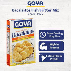 Goya Bacalaitos batter preparation close-up highlighting seasoned cornmeal mix.