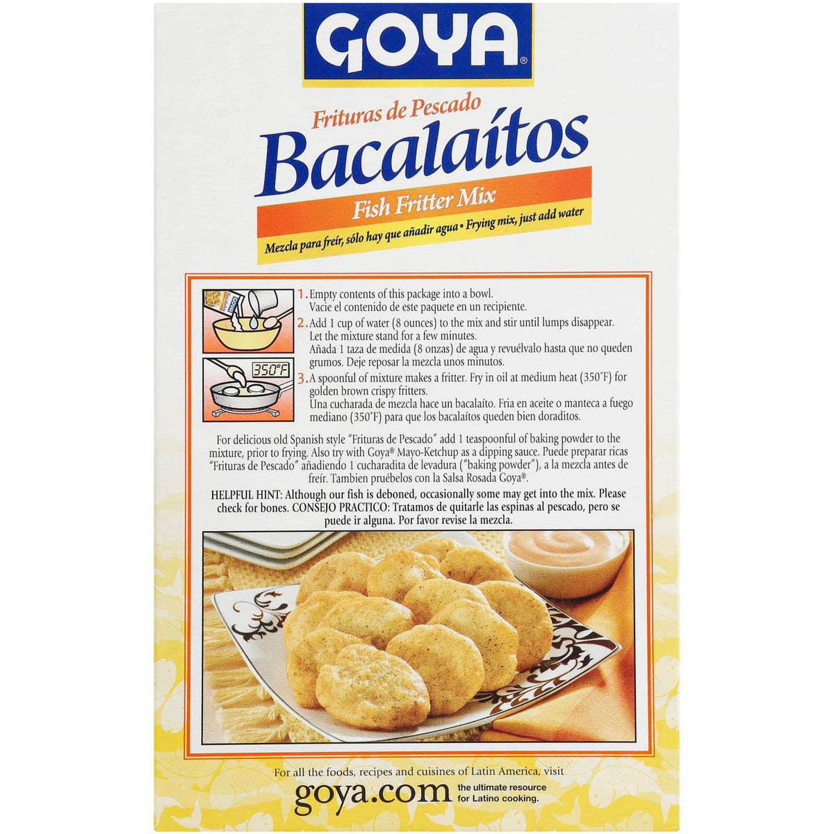 Goya Bacalaitos mix back view with cooking instructions for easy prep.