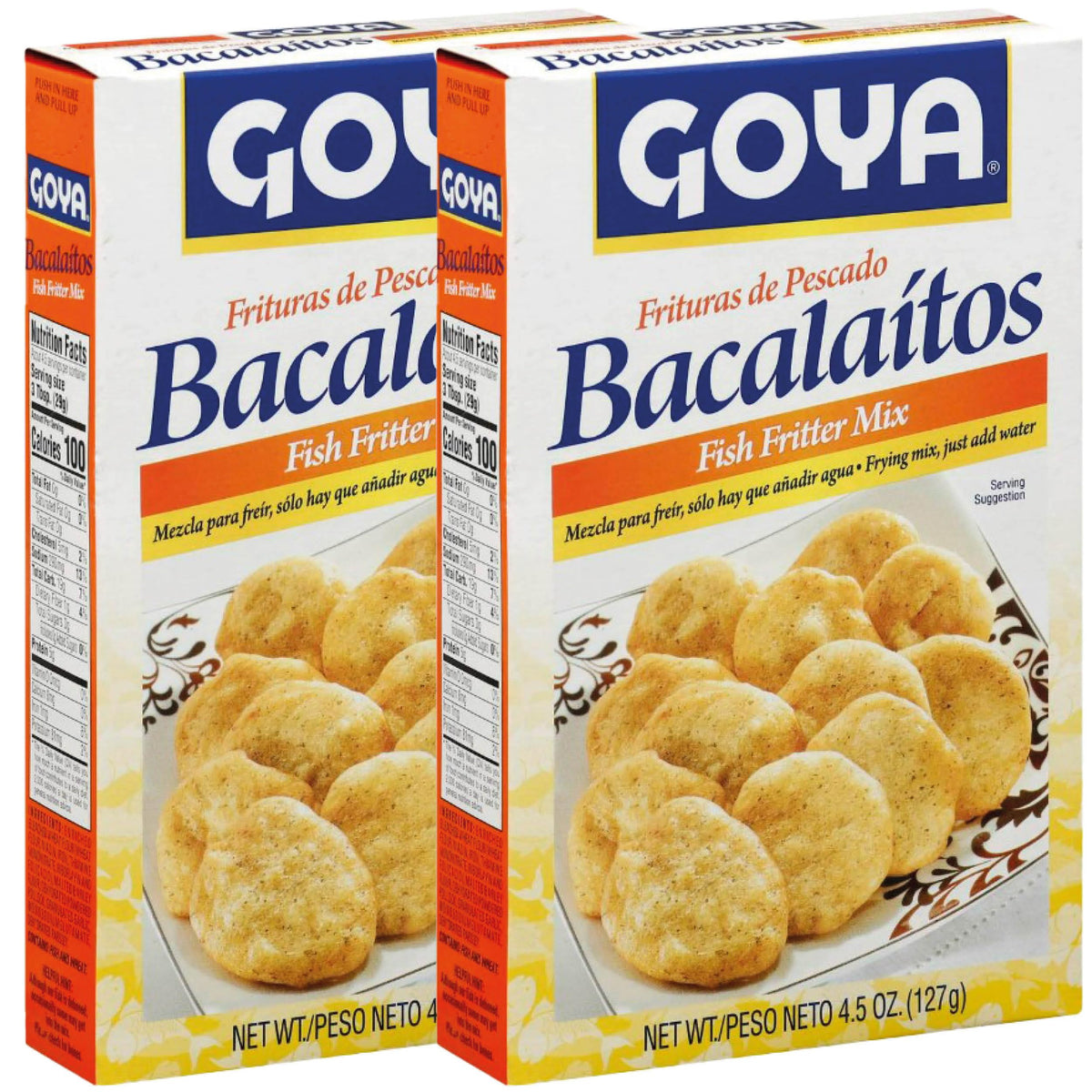 Goya Bacalaitos mix front view shows two-pack packaging for quick meals.