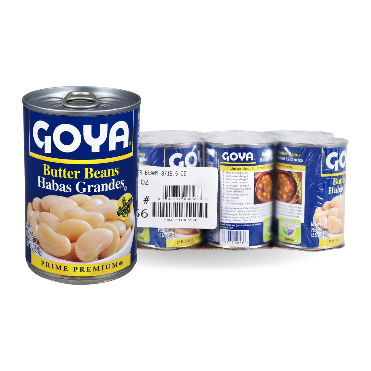 Goya Butter Beans in 15.5 oz cans, perfect for hearty soups and stews.