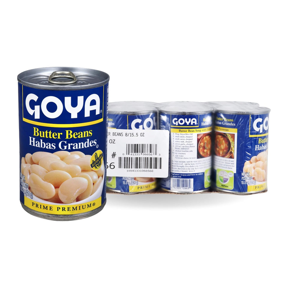 Goya Butter Beans in 15.5 oz cans, perfect for hearty soups and stews.