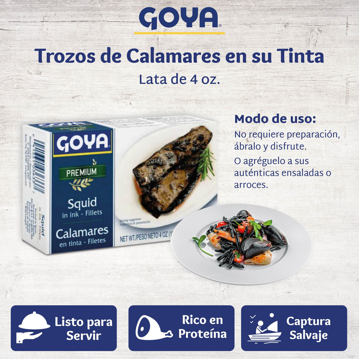 Goya Calamares Tinta squid ink sauce enhances pasta and rice with depth.