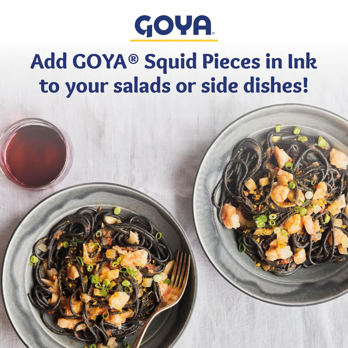 Goya Calamares Tinta squid plated for tapas, paella, or seafood stews.