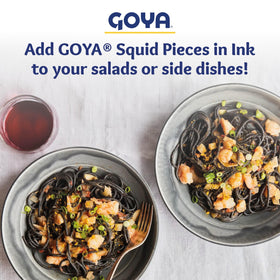Goya Calamares Tinta squid plated for tapas, paella, or seafood stews.