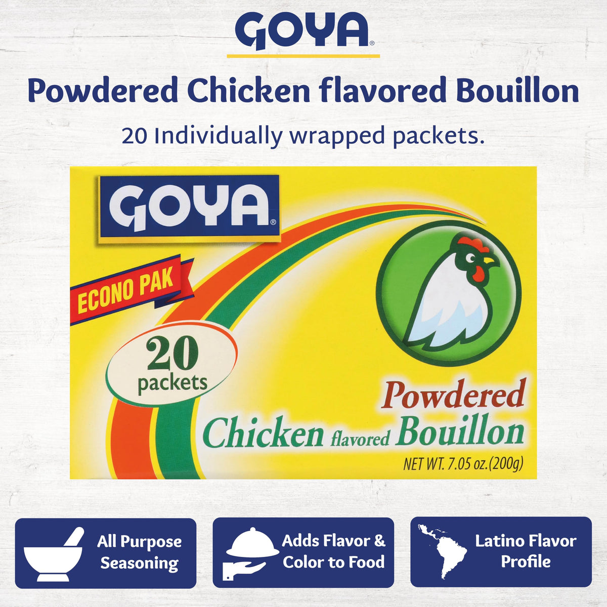 Goya chicken bouillon packets 2-pack box back emphasizes easy storage and quick seasoning
