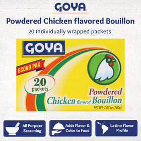 Goya chicken bouillon packets 2-pack box back emphasizes easy storage and quick seasoning