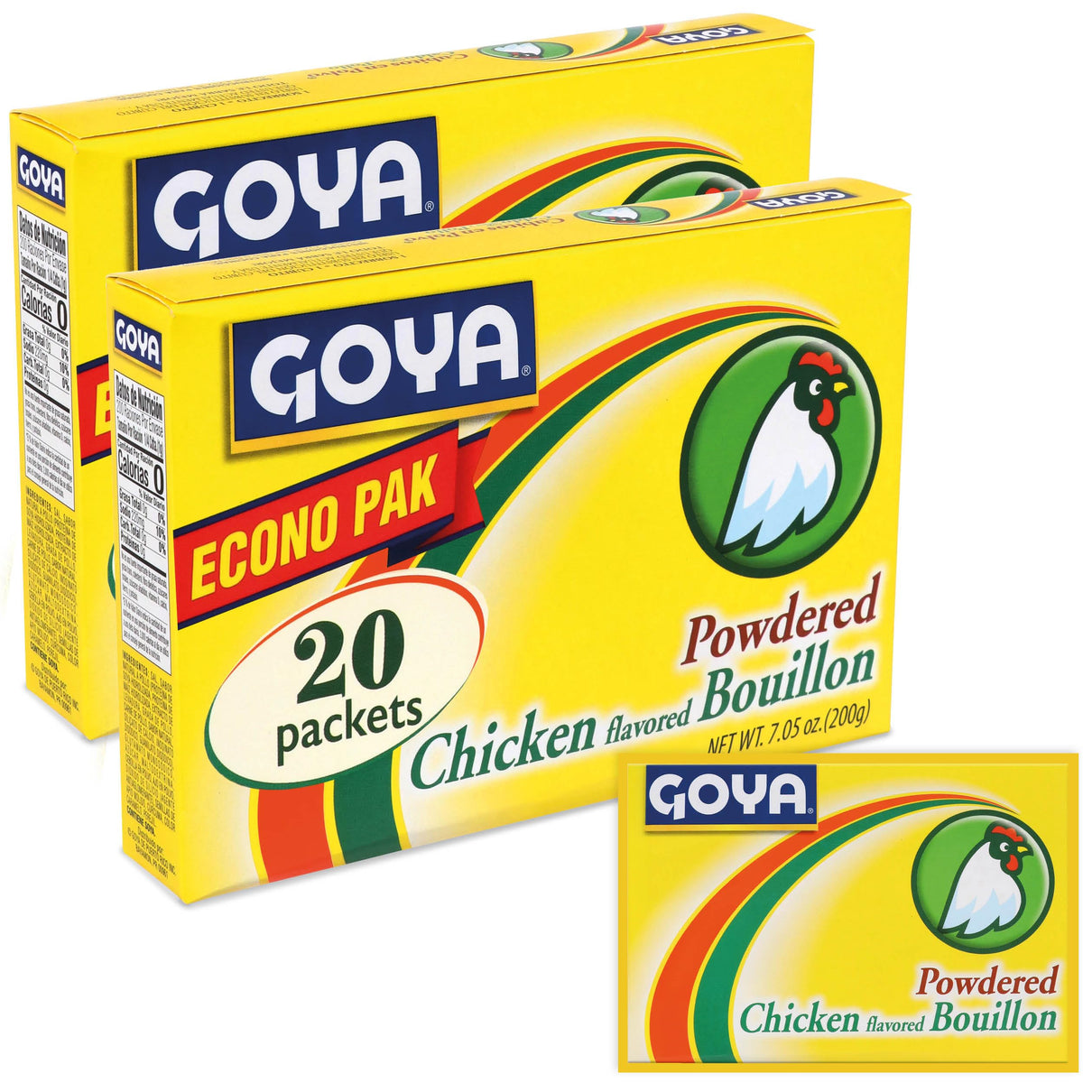 Goya chicken bouillon packets 2-pack box front for bold, versatile flavor in soups
