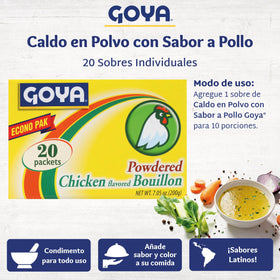 Goya bouillon powder dispensing near spoon image promises fast, rich flavor uplift