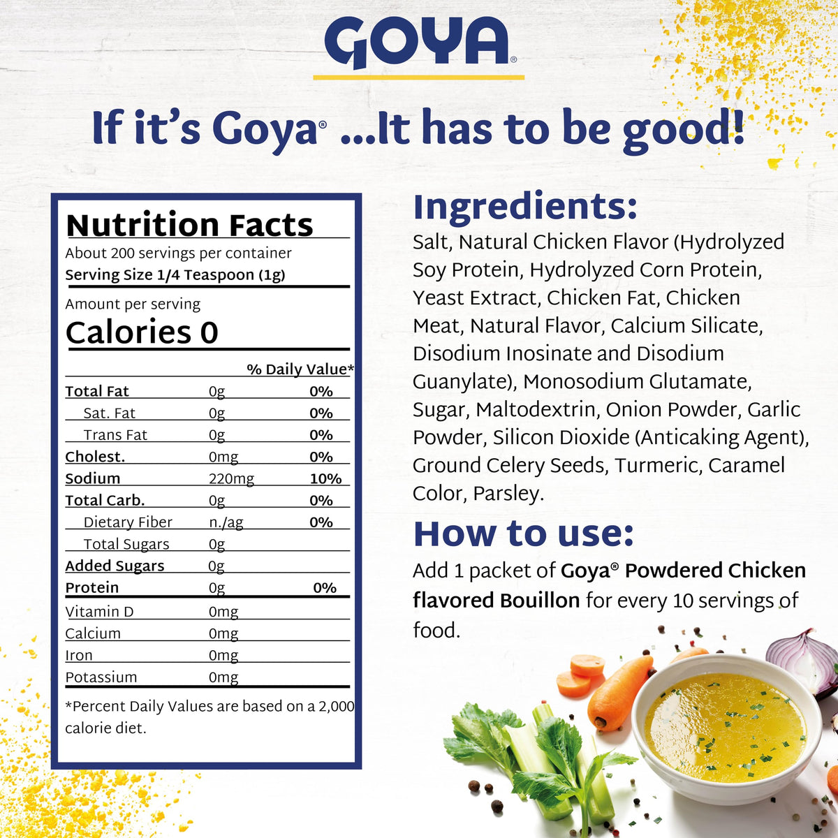 Goya bouillon powder dissolving in liquid demonstrates instant depth of flavor