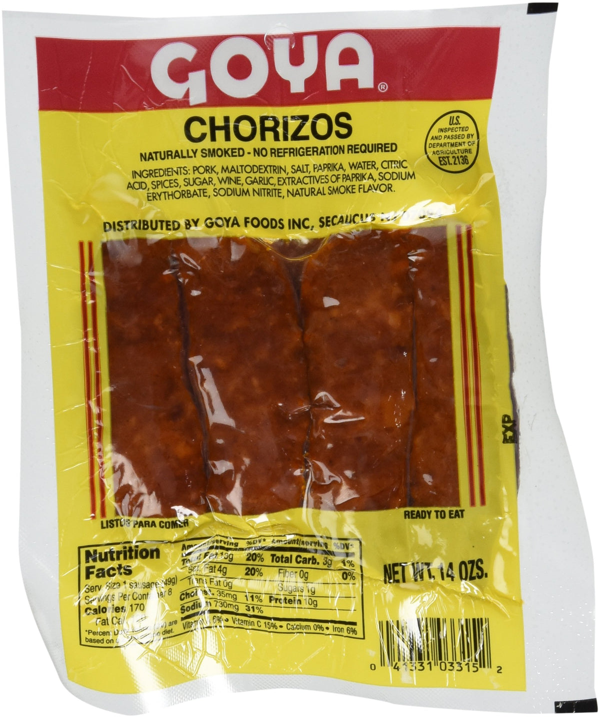 Goya chorizos 8-count 14 oz pack ready for skillet meals and bold, savory flavor