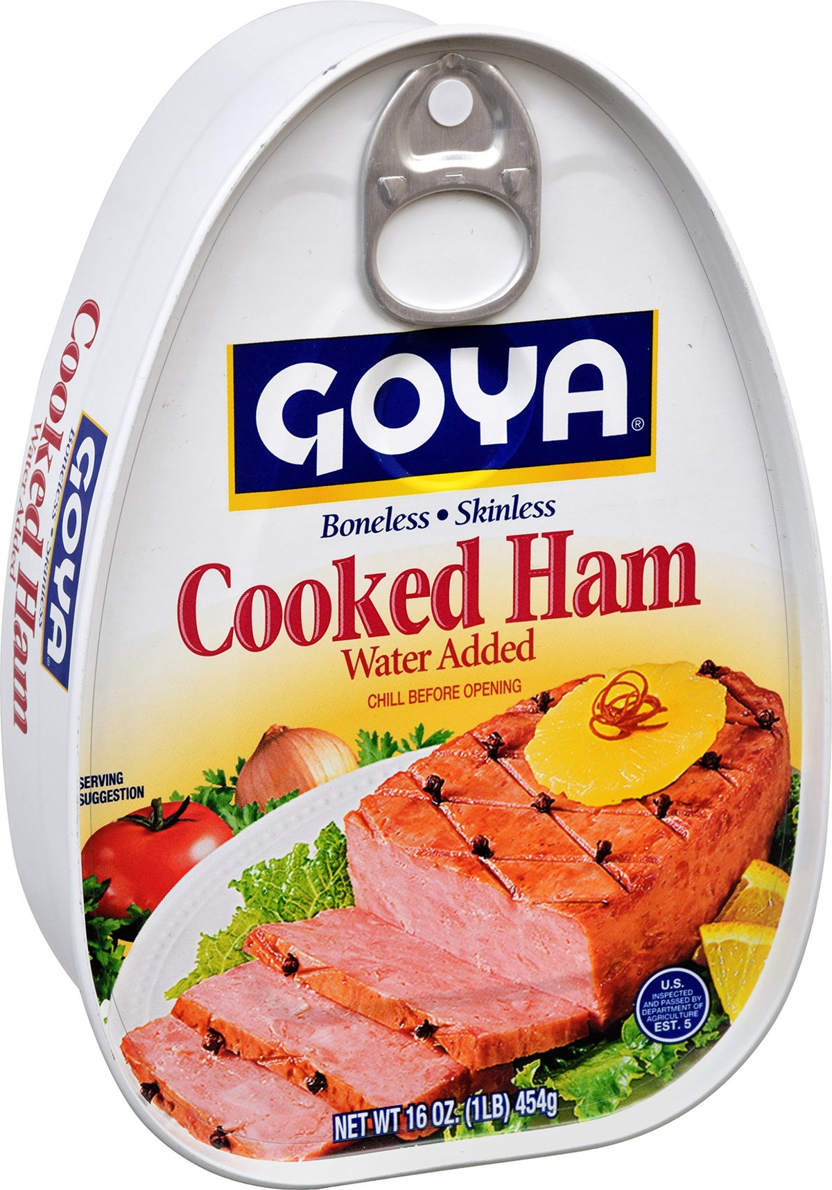 Goya Cooked Ham slices show boneless texture, ideal for sandwiches