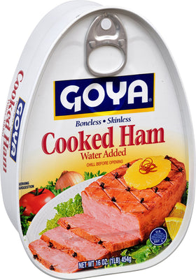 Goya Cooked Ham slices show boneless texture, ideal for sandwiches