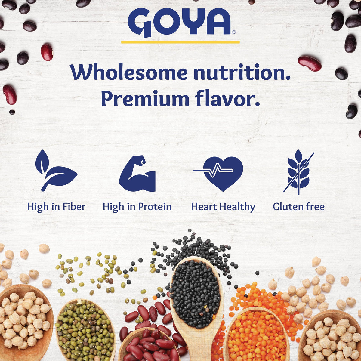 Goya bean mix packaging emphasizes pantry staple for family meals.