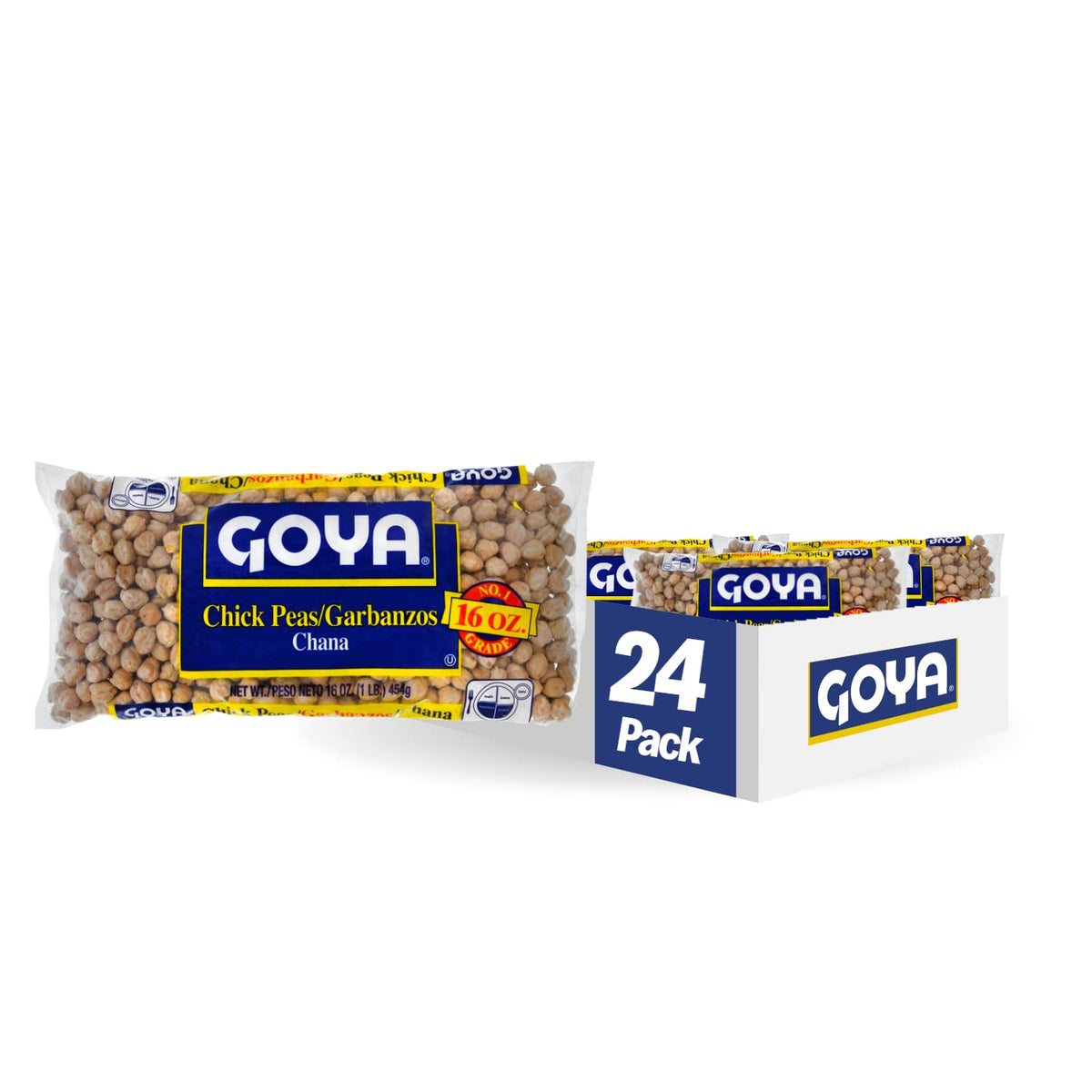 Goya dry chickpeas 16 oz pack—versatile pantry staple for soaking, simmering, and versatile recipes.