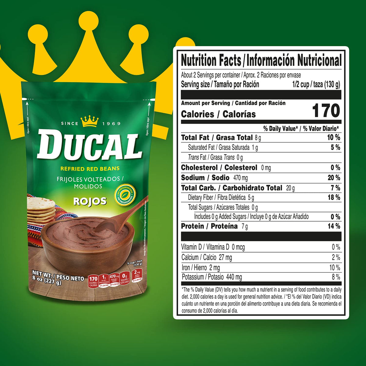 Goya Ducal refried red beans pouch highlights protein and iron potential for meals.