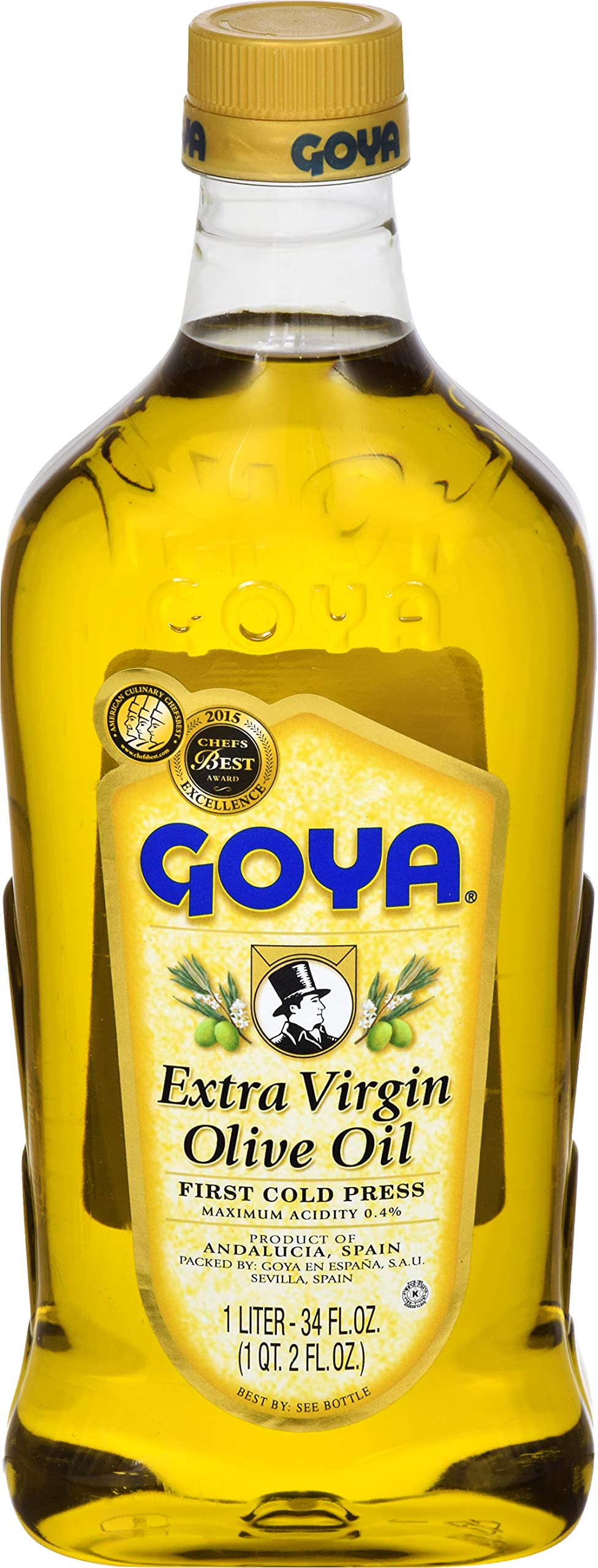 Goya Extra Virgin Olive Oil bottle pour highlights bold, fruity flavor for fresh salads.