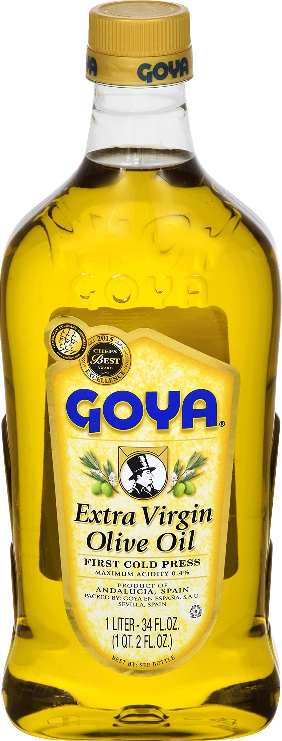 Goya Extra Virgin Olive Oil bottle pour highlights bold, fruity flavor for fresh salads.