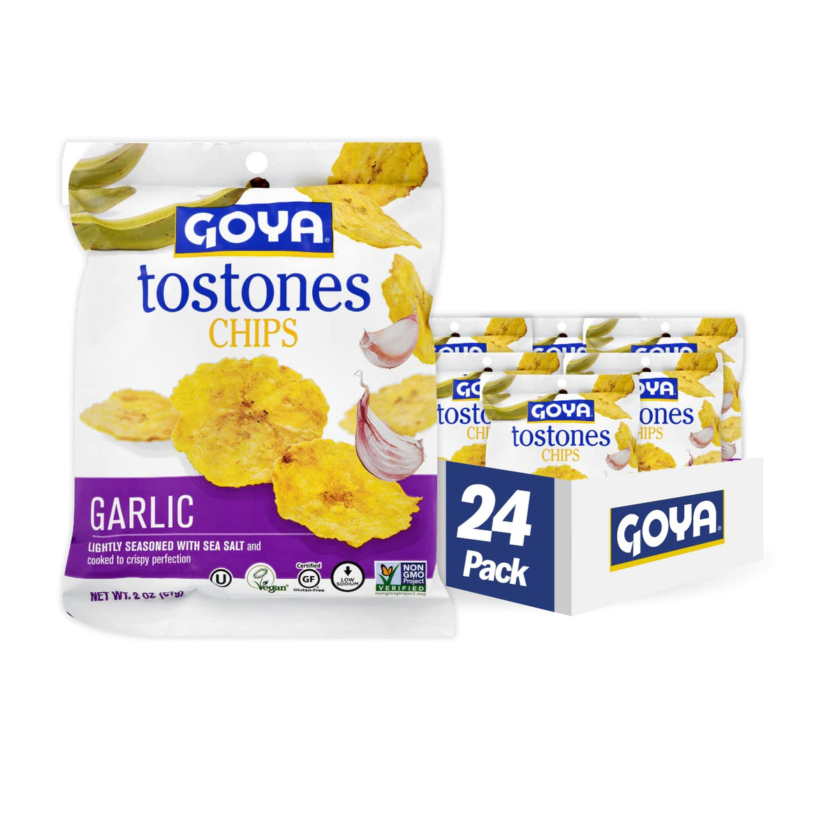 Goya Garlic Tostones Chips 2 oz pack, ideal for dipping in salsas and guacamole.