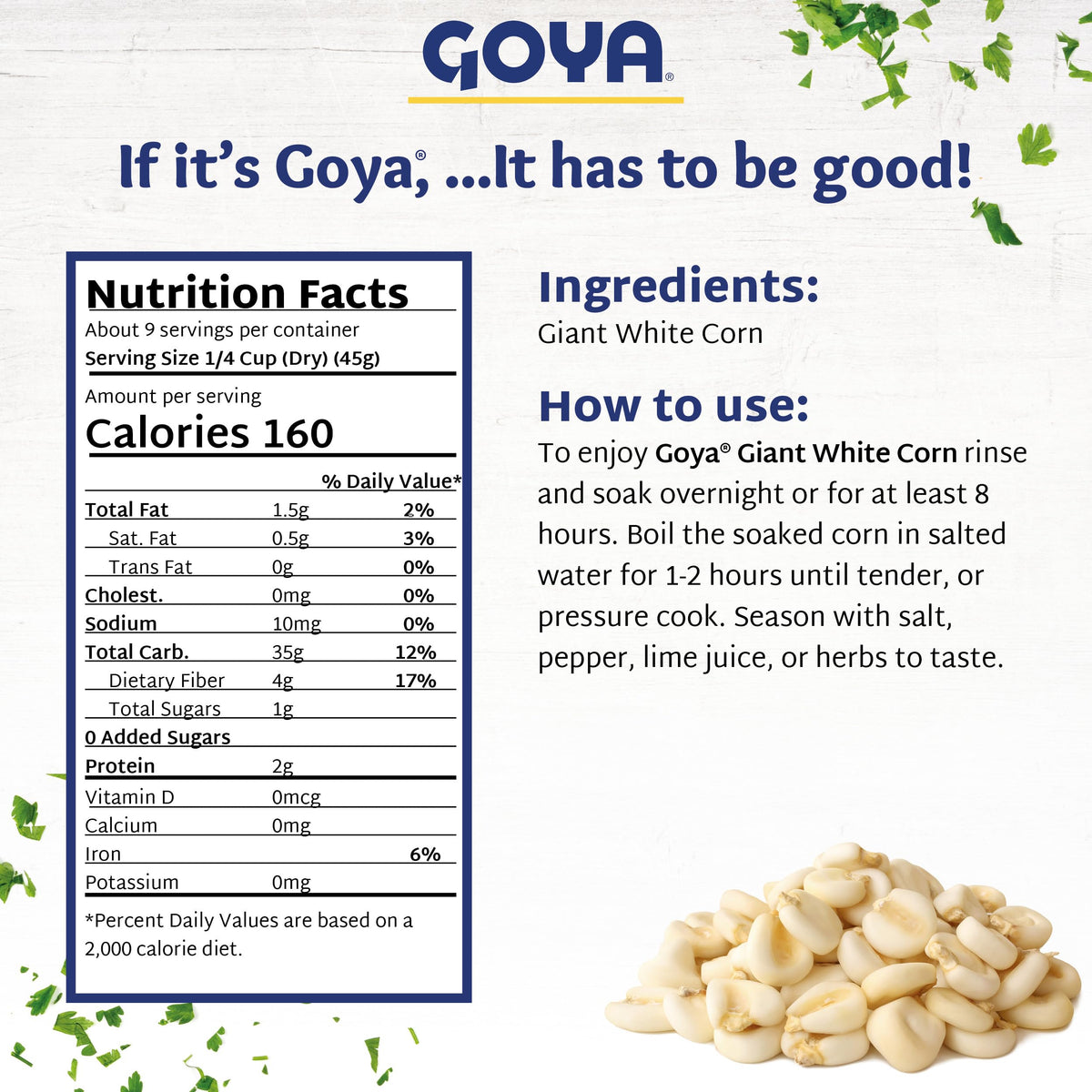 Goya Giant White Corn in a cooking pot ready to simmer.