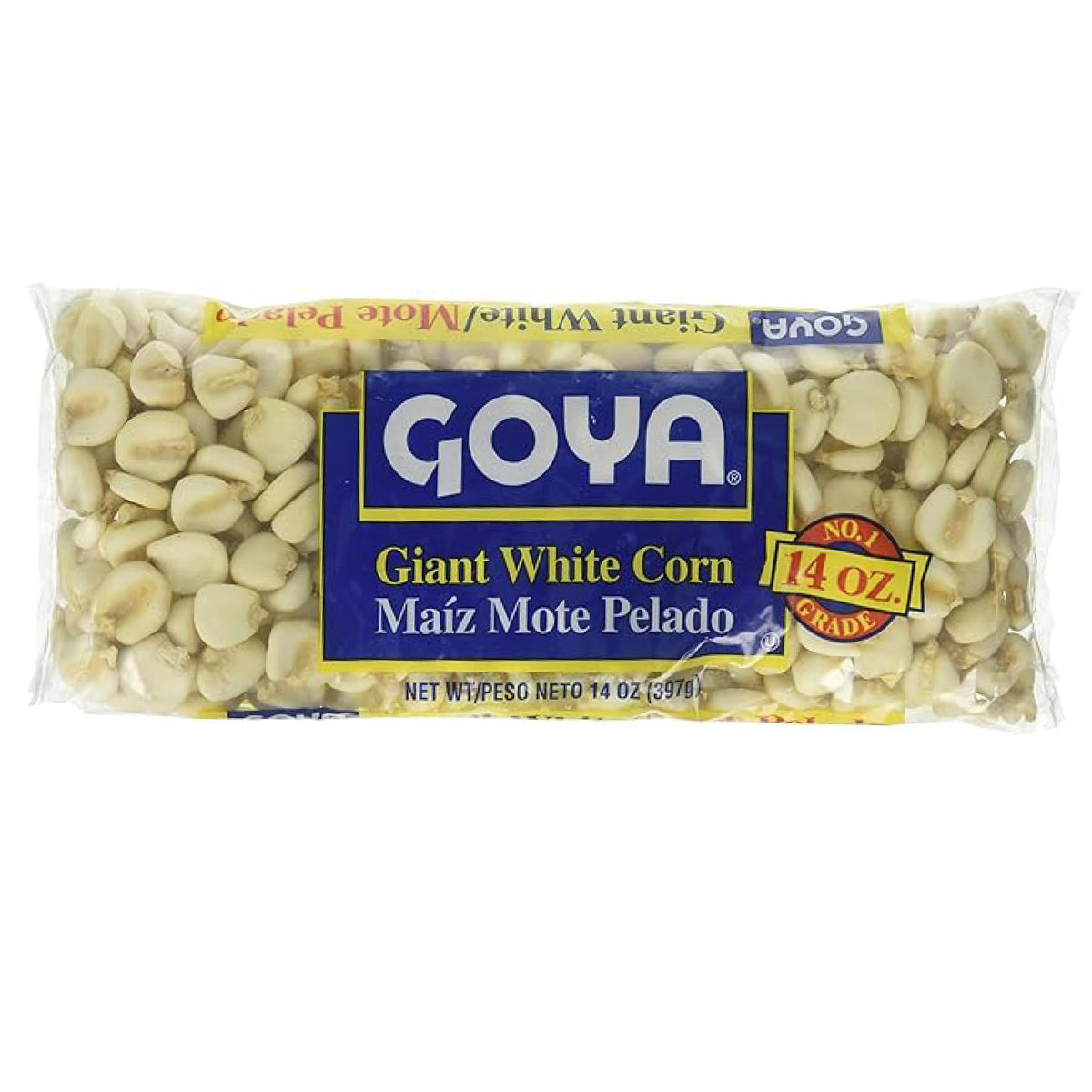 Goya Giant White Corn kernels close-up for hearty stews.