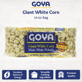 Goya Giant White Corn packaging shows a 14oz bag ready to cook.