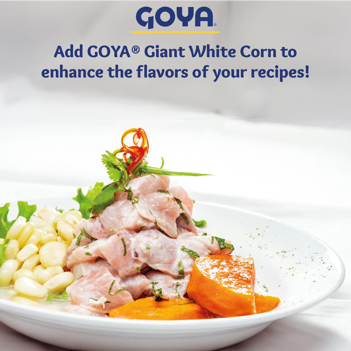 Goya Giant White Corn in pozole dish, rich and earthy.