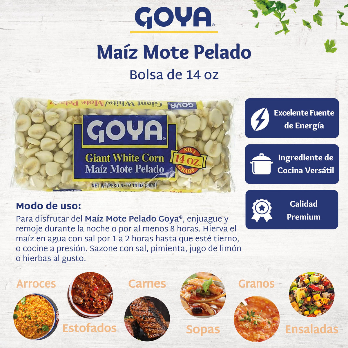 Goya Giant White Corn in a fresh salad for texture.
