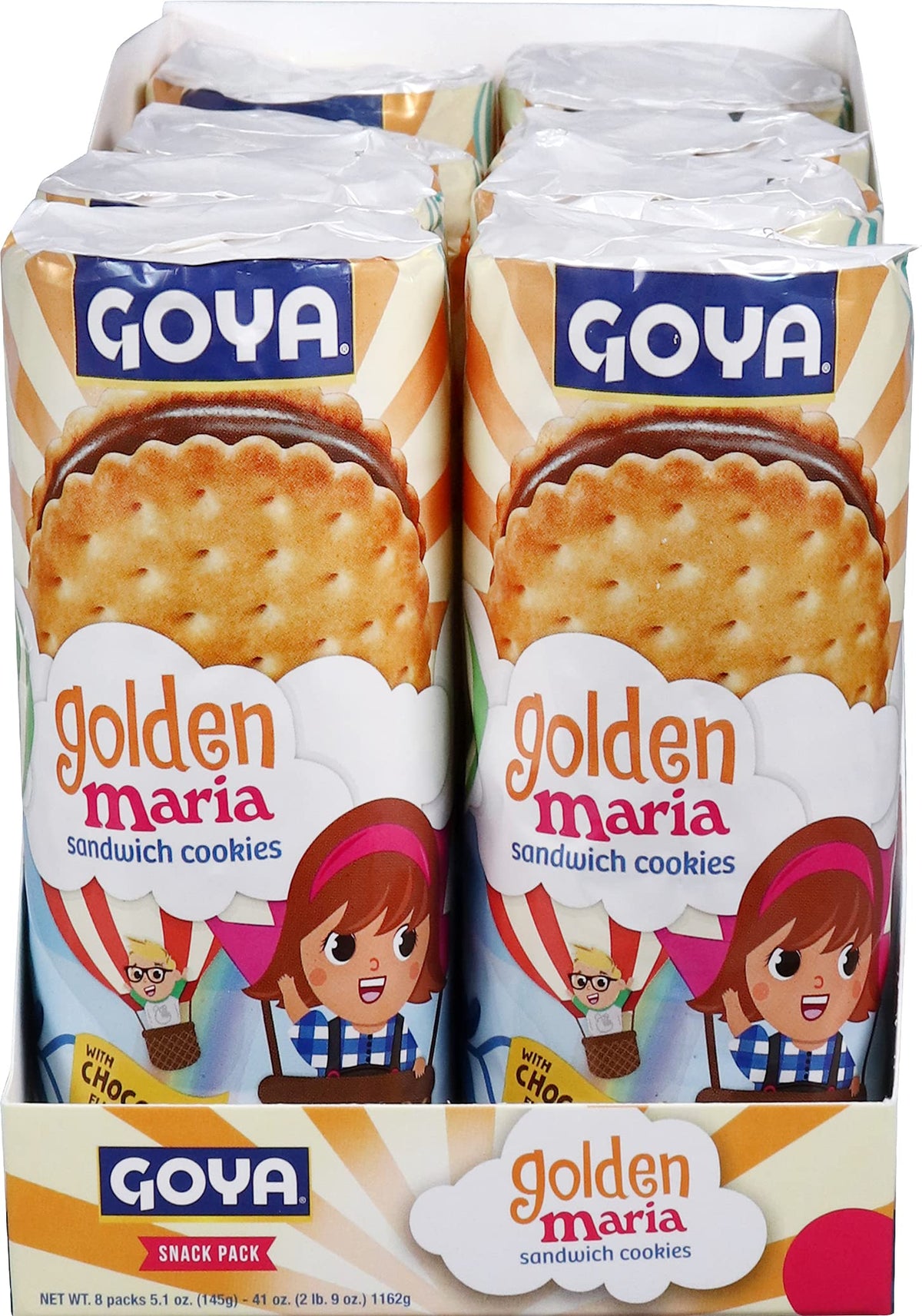 Goya Golden Maria sandwich cookies 8-pack, rich chocolate cream, ideal for lunchboxes and afternoon snacks