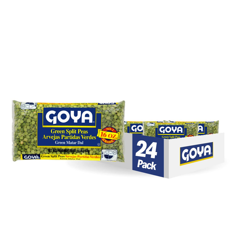 Goya Green Split Peas in a dry 16-ounce bag, ideal for hearty soups and stews.