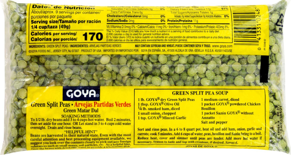 Goya Green Split Peas ready to cook, perfect for fiber-rich soups and stews.