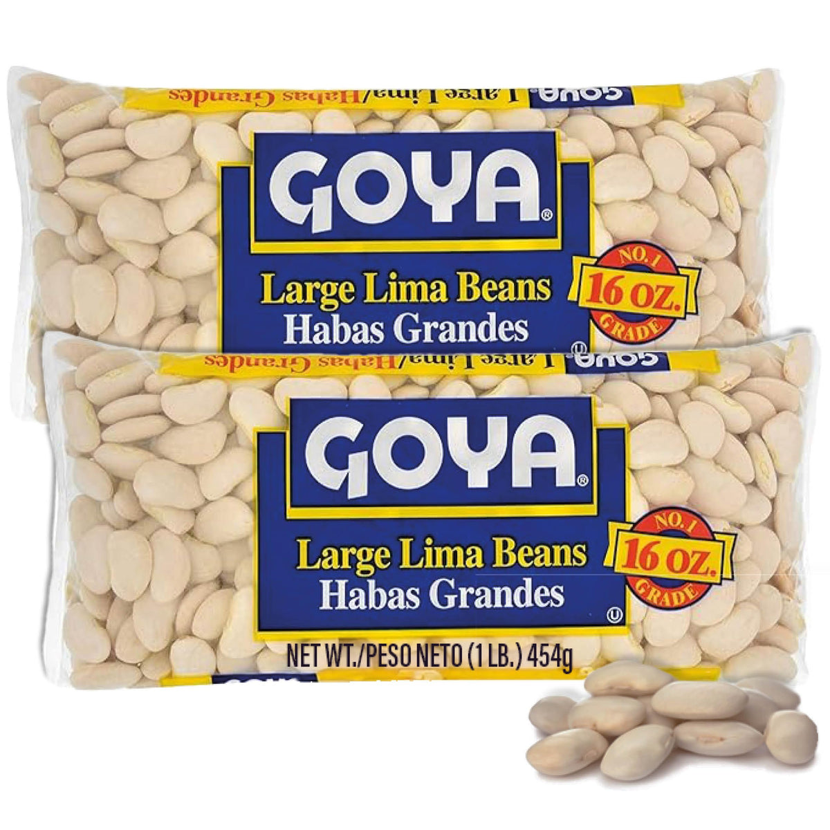 Goya large Lima beans packaging close-up showing sturdy dried beans for reliable recipes.