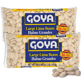 Goya large Lima beans packaging close-up showing sturdy dried beans for reliable recipes.