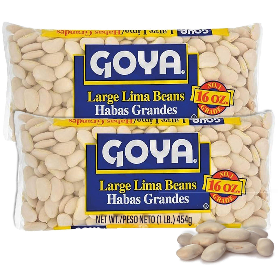 Goya large Lima beans packaging close-up showing sturdy dried beans for reliable recipes.