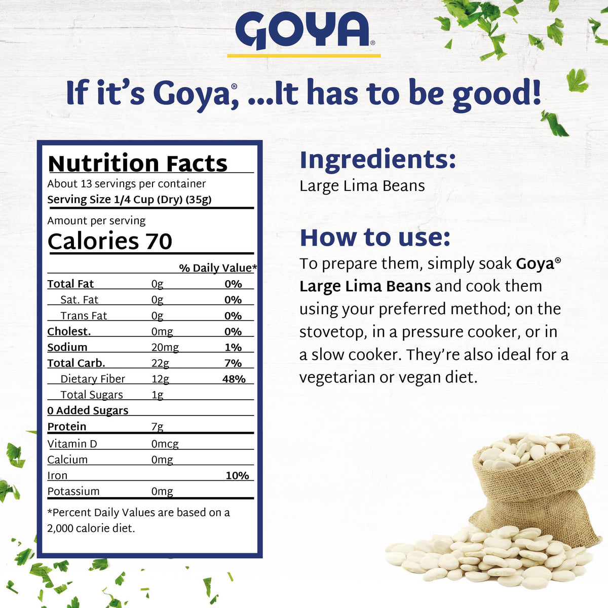 Goya large Lima beans in a stew preparation scene highlighting tender, whole beans.