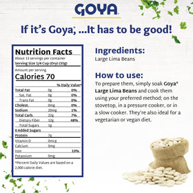 Goya large Lima beans in a stew preparation scene highlighting tender, whole beans.