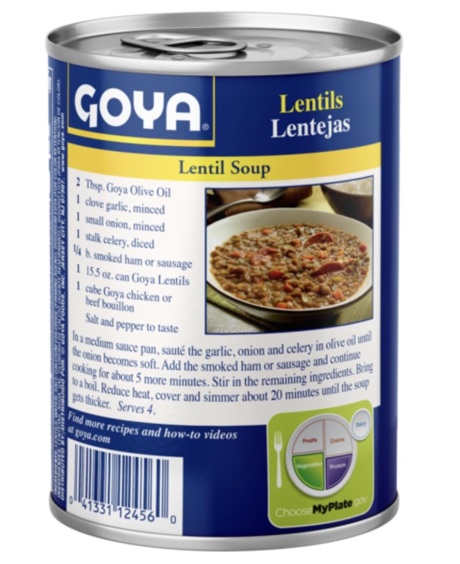 Goya lentils 2-pack label view, convenient canned legumes for quick meals.