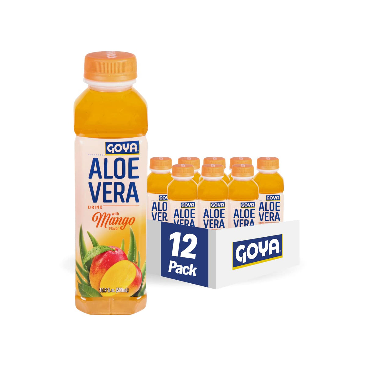 Goya Mango Aloe Water bottle for on-the-go hydration with mango flavor, perfect in smoothies or teas.