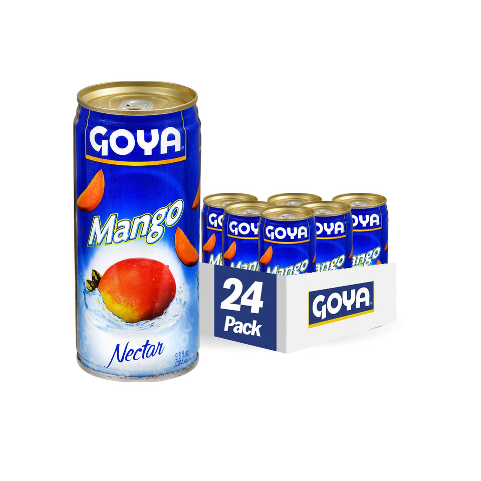 Goya Mango Nectar bottle pour; versatile Caribbean flavor for drinks and desserts.