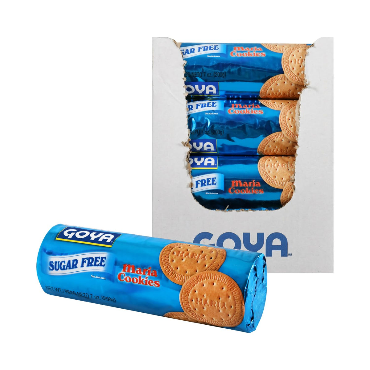 Goya Maria Cookies Sugar Free 7oz pack, ideal snack with coffee or tea and versatile dessert ingredient.