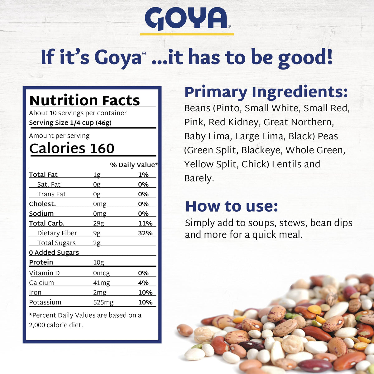 Goya dried bean mix with pot and spoon for easy soups.