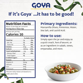 Goya olive garnish for cocktails or antipasti, adds tang and depth.