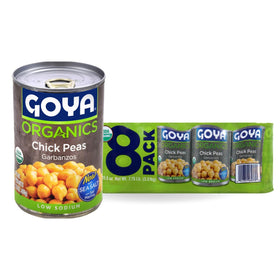 Goya Organic Chick Peas can front view shows organic certification and protein.