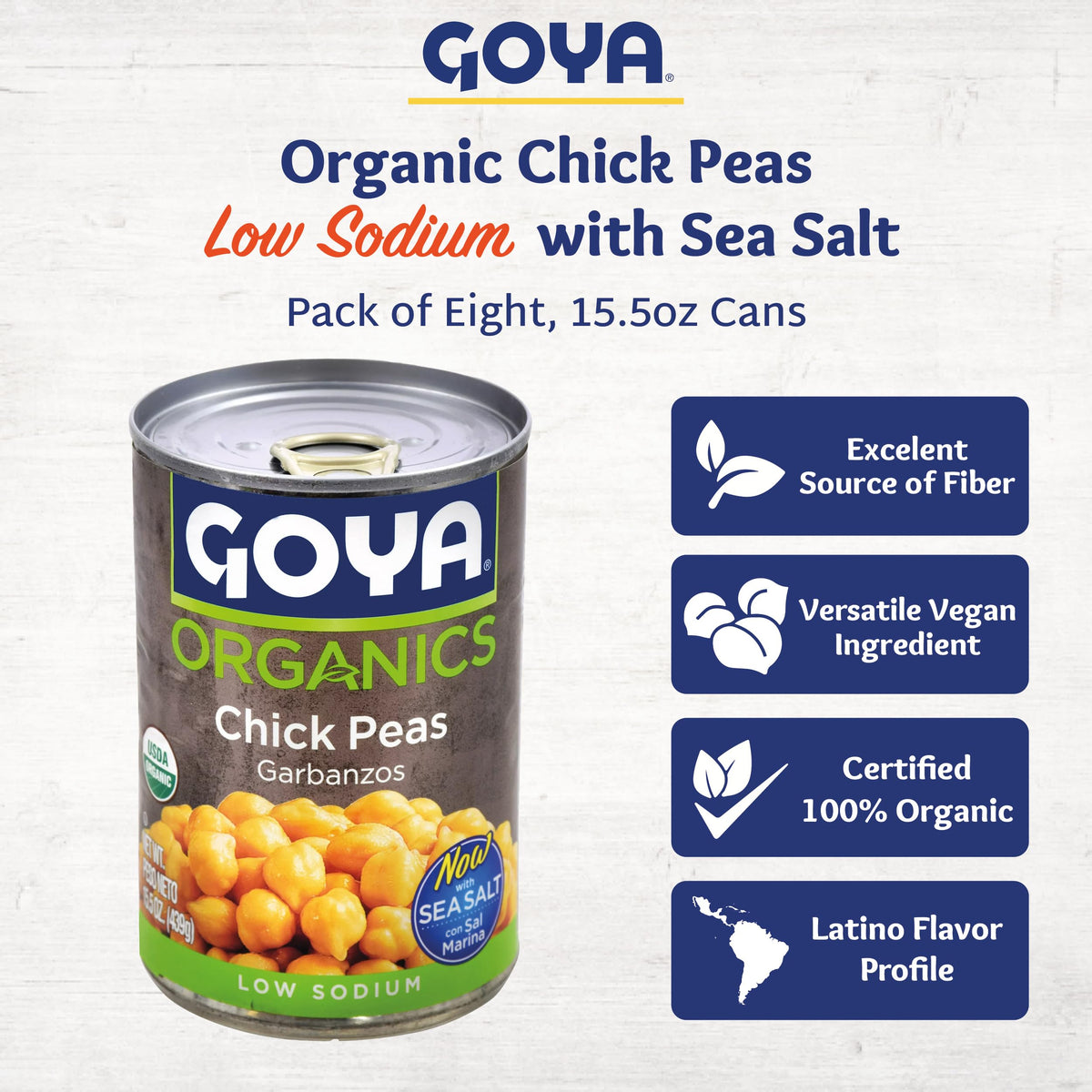 Goya Organic Chick Peas label close-up highlights sea salt and low sodium.